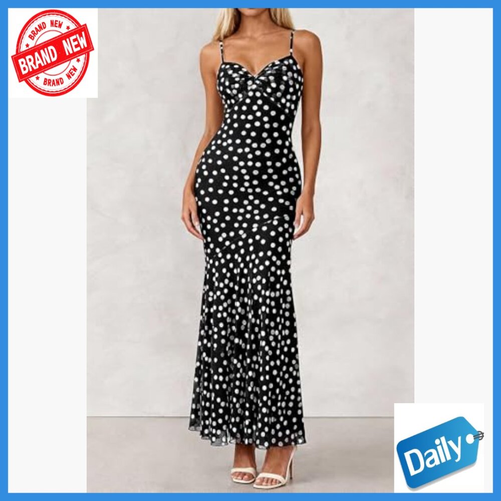 Maxi Dress with Spaghetti Straps Twist Knot Front Mermaid Hem Summer Casual - Picture 5 of 7